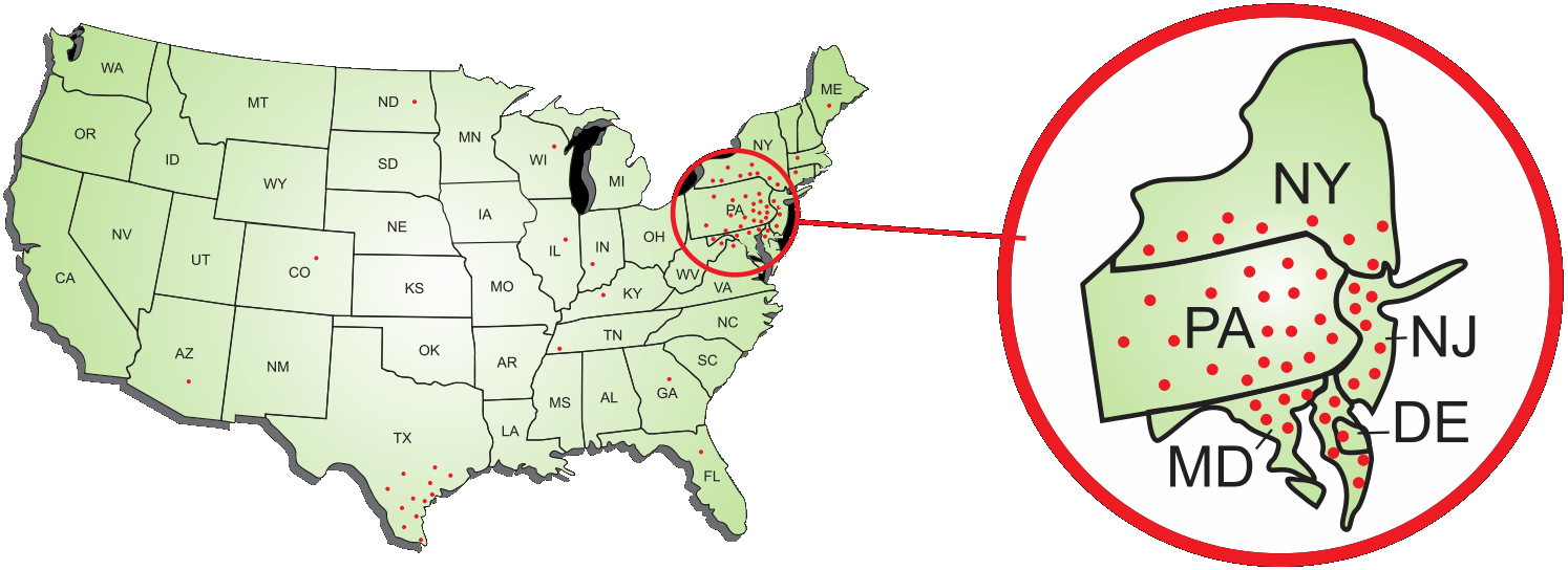 map of usa with red dots