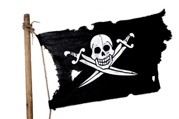 Signs of a Swashbuckler waving ragged pirate flag on post