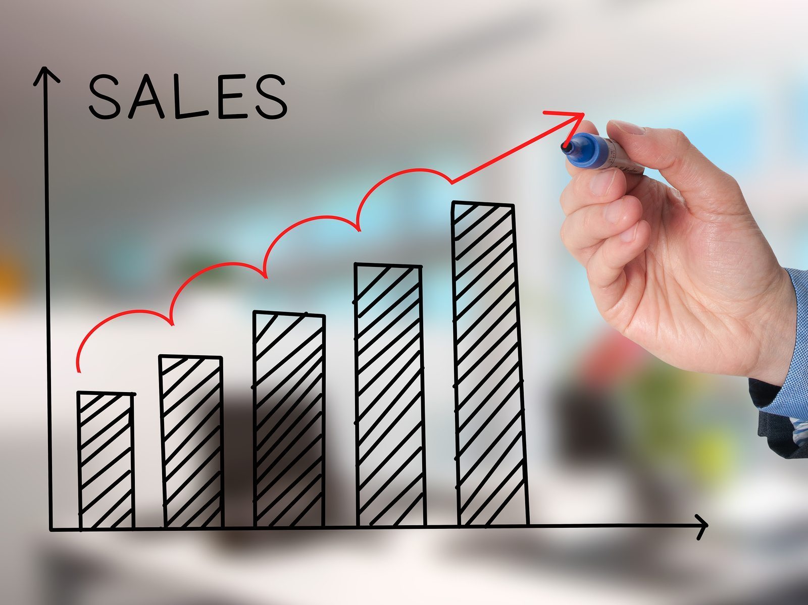 EMC Sales Surge for Restaurants Businessman Hand Drawing Sales Growth Graph With Marker On Trans