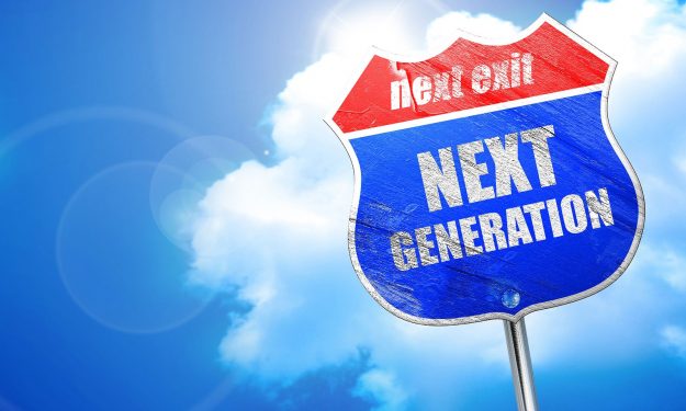 Next Exit, Next Generation road sign, sky background