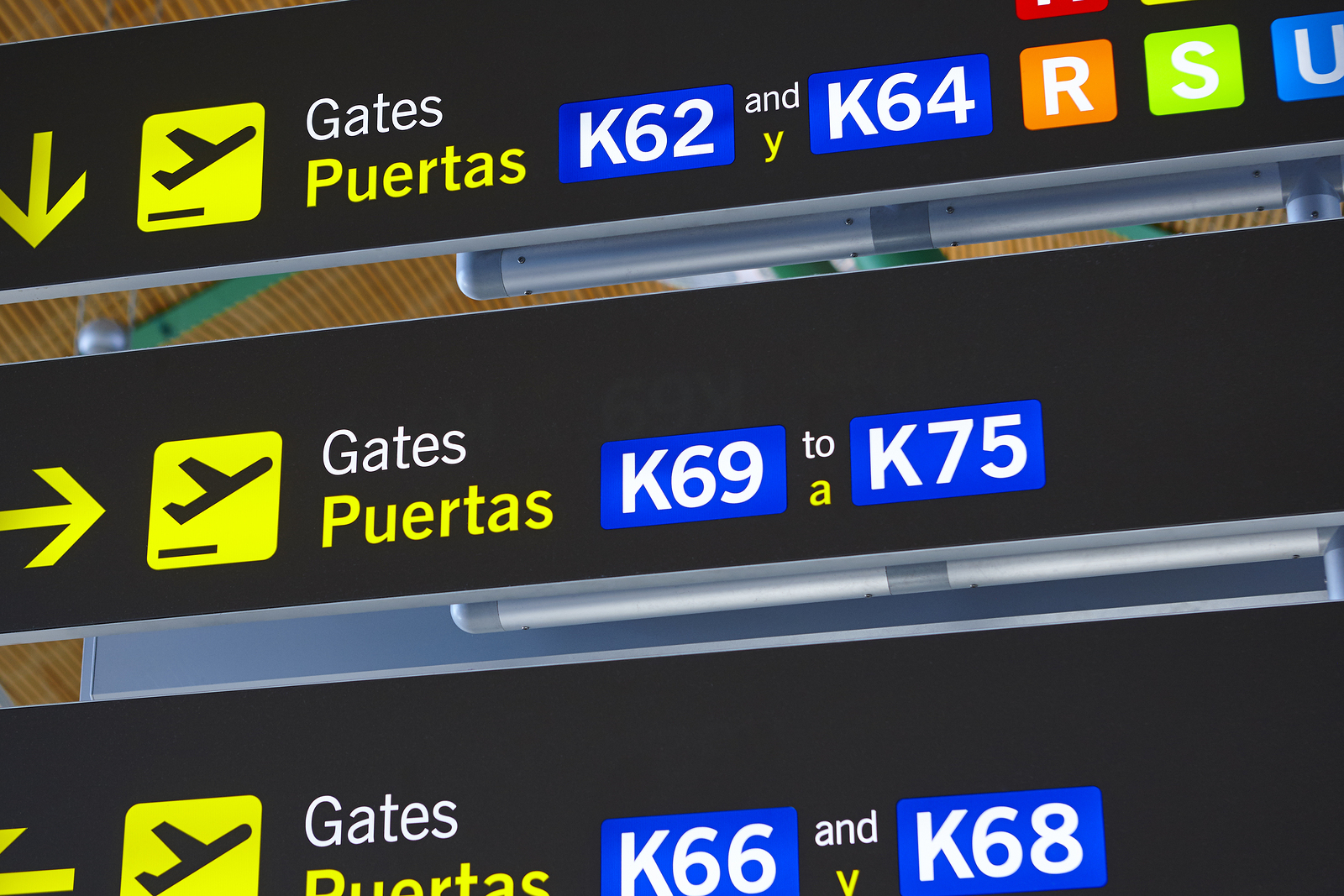 Airport information sign post. Departure gates. Travel background.