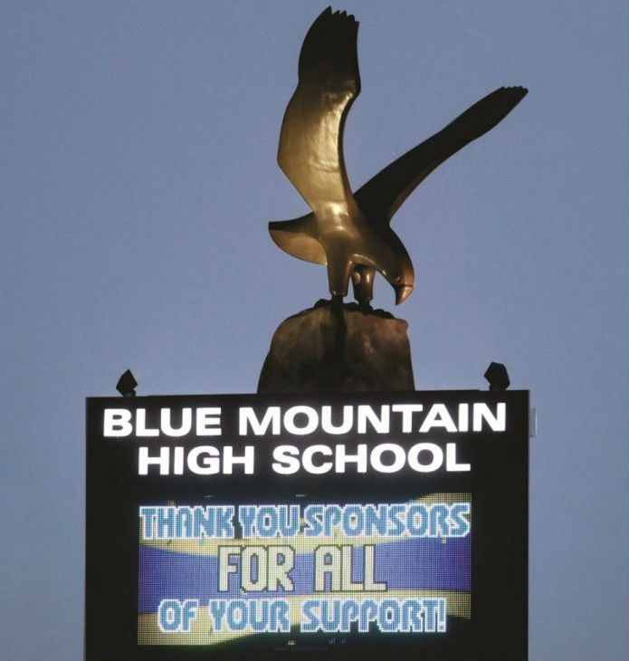 Blue Mountain High high school sign with eagle
