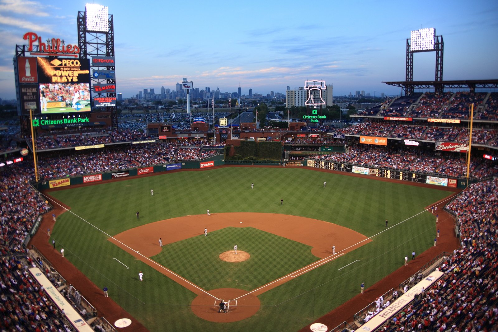 Citizens Bank Park – Philadelphia Phillies Philadelphia - September 7, 2010: Night game at Citizens Bank Park, home of the Phillies, with the city skyline beyond the outfield fences.