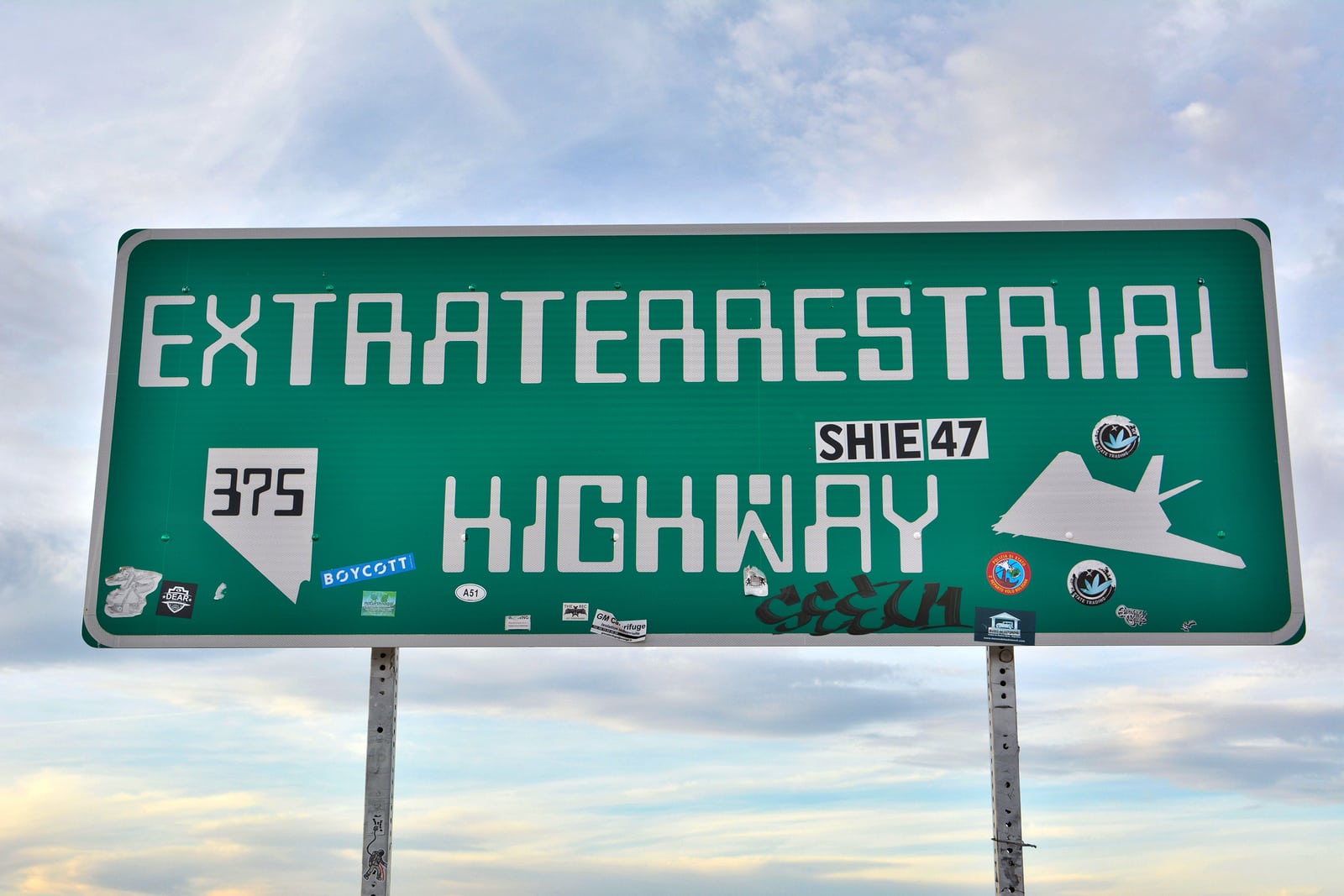 Rachel, Nevada, United States of America - November 21, 2017. Extraterrestrial Highway sign on SR-375 highway in Rachel, NV.