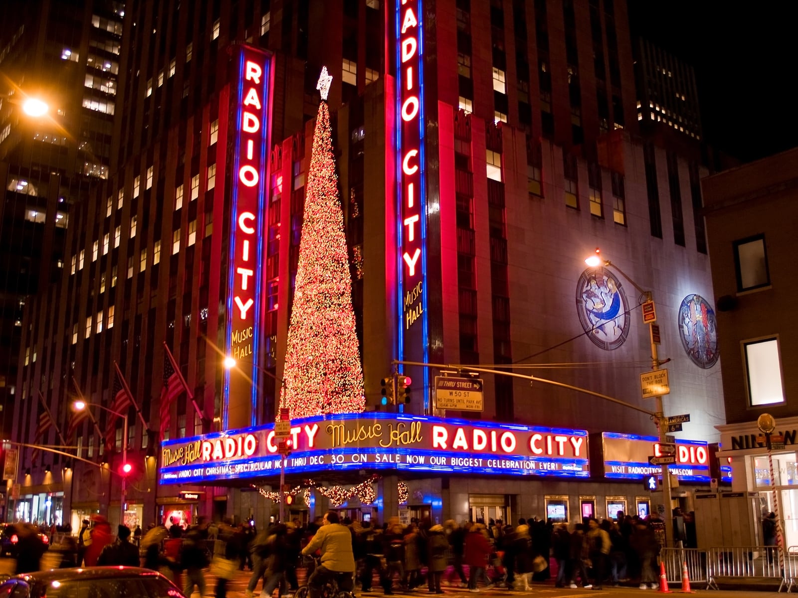 Radio City Music Hall Rockefeller Center NY Dec 5th 2008: Large crowds are all around Rockefeller Center and Radio City Music Hall during the holidays.