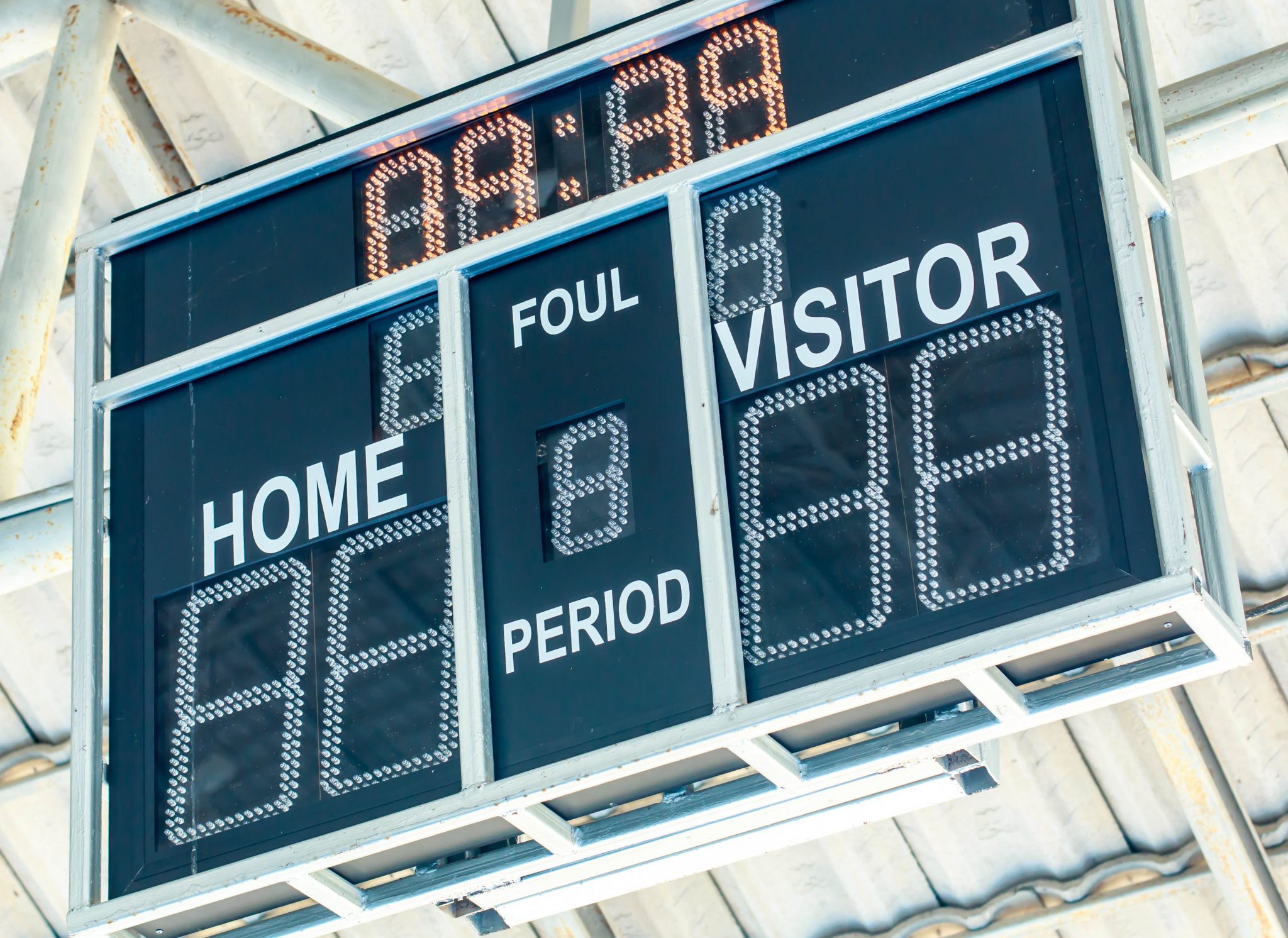 Scoreboard with LED display digital font on a black background.