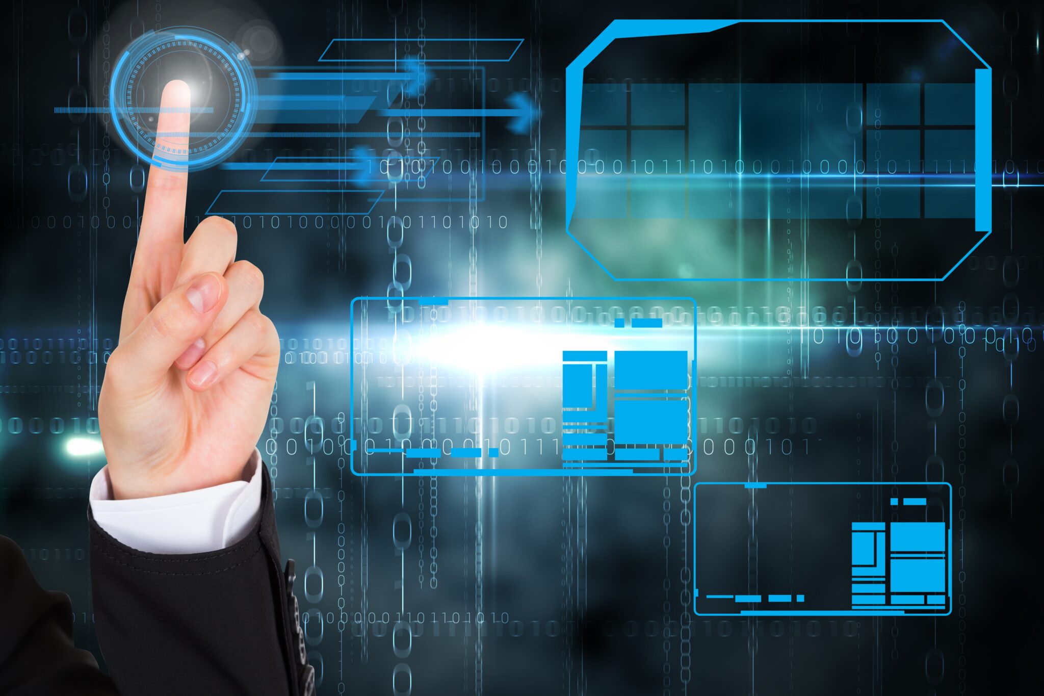 composite of hand tapping graphics on dark background Going digital with your signage can be a great way for your business to go green!