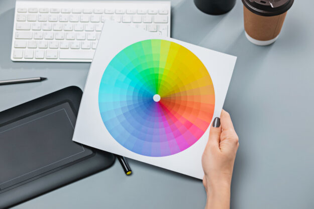 8781 A color wheel showing a range of hues arranged in a circular pattern, illustrating the spectrum of colors for choosing effective signage.