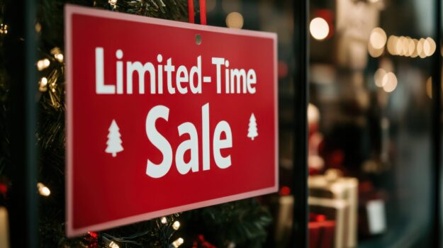 cheerful-man-dressed-as-santa-holds-sign-promoting-christmas-discounts-with-festive-decorations