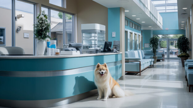 Welcoming Veterinary Clinic Reception with Friendly Dog